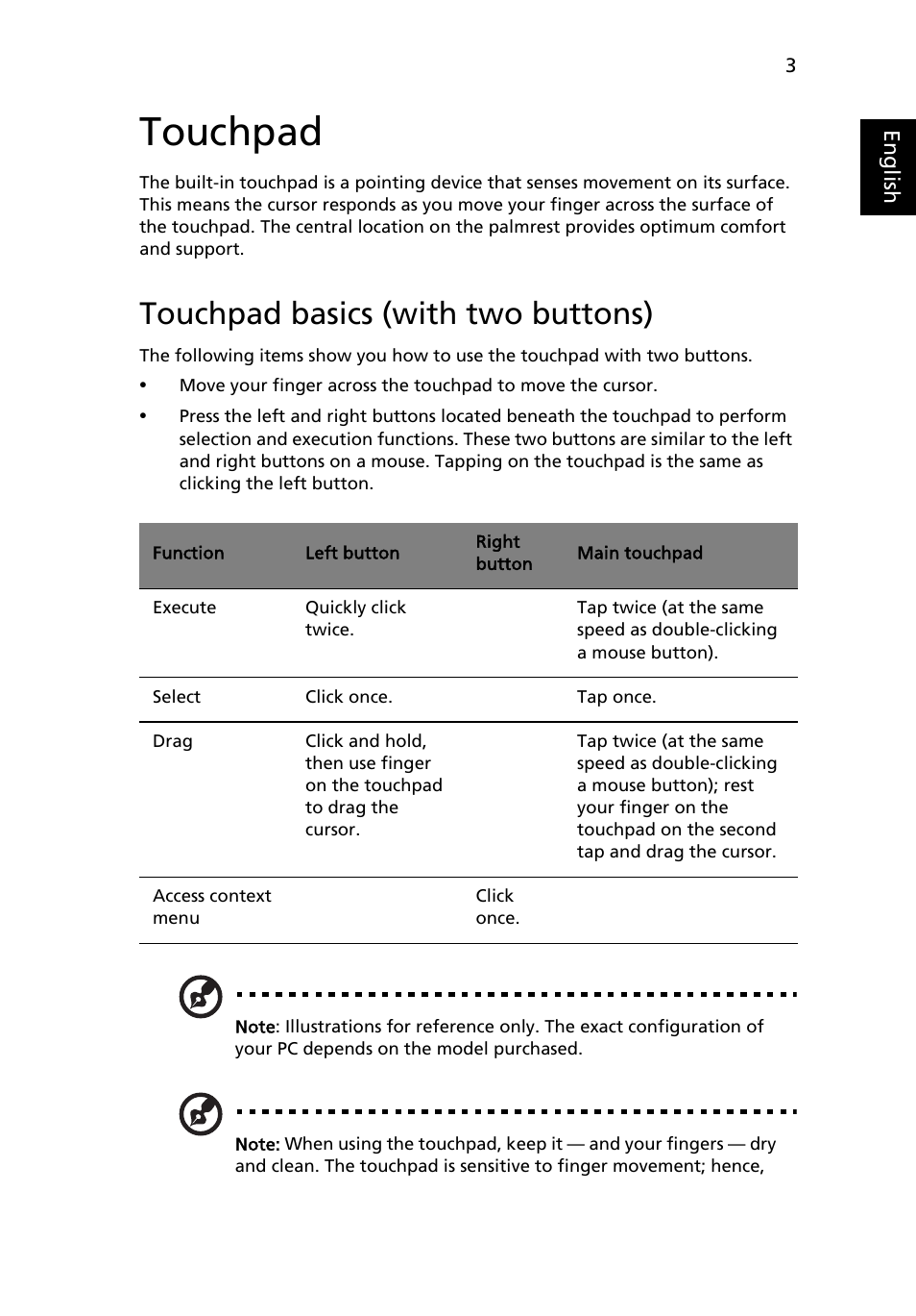 Touchpad, Touchpad basics (with two buttons) | Acer Aspire 5733Z User Manual | Page 21 / 2348