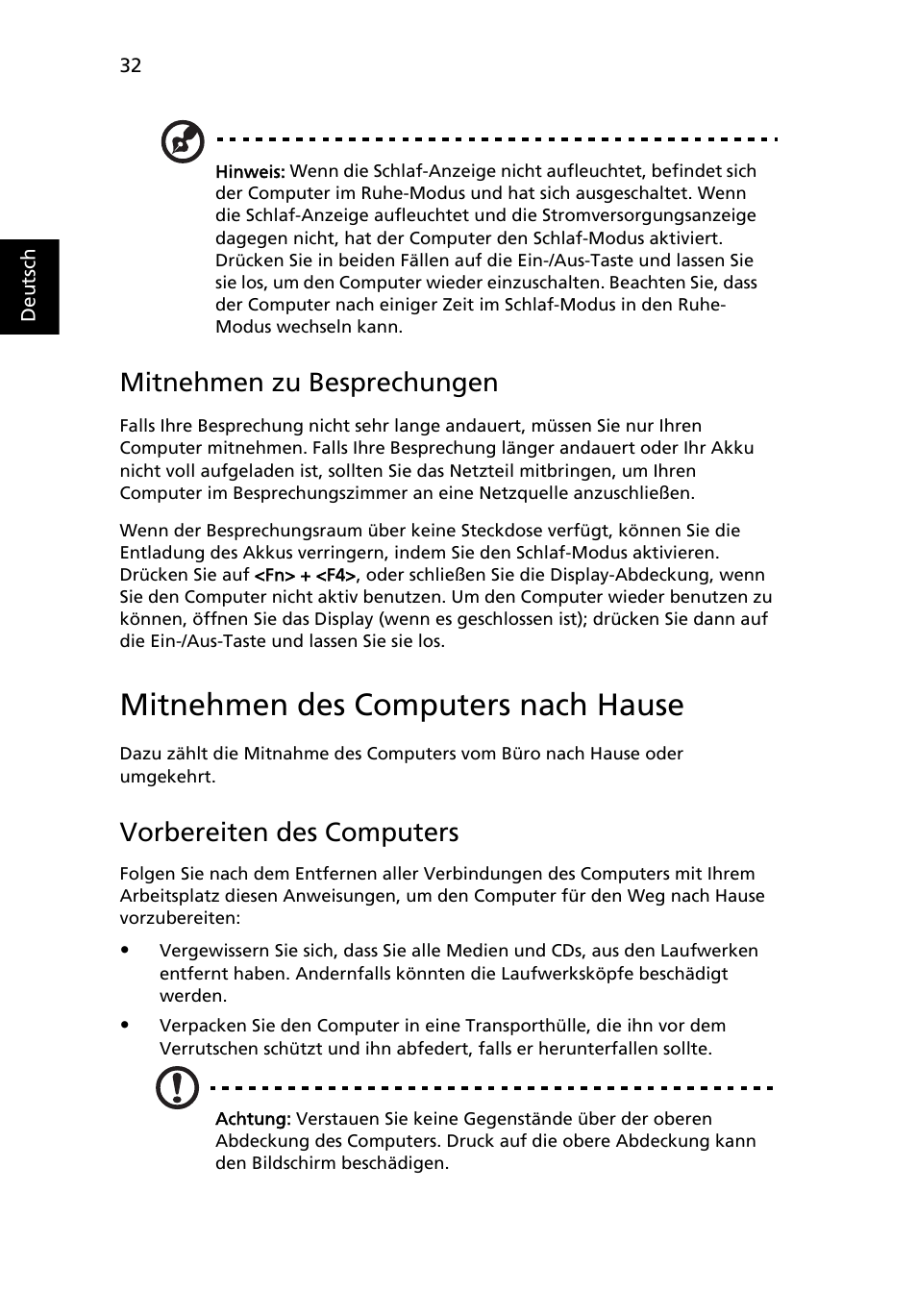 Mitnehmen des computers nach hause, Mitnehmen zu besprechungen, Vorbereiten des computers | Acer Aspire 5733Z User Manual | Page 210 / 2348