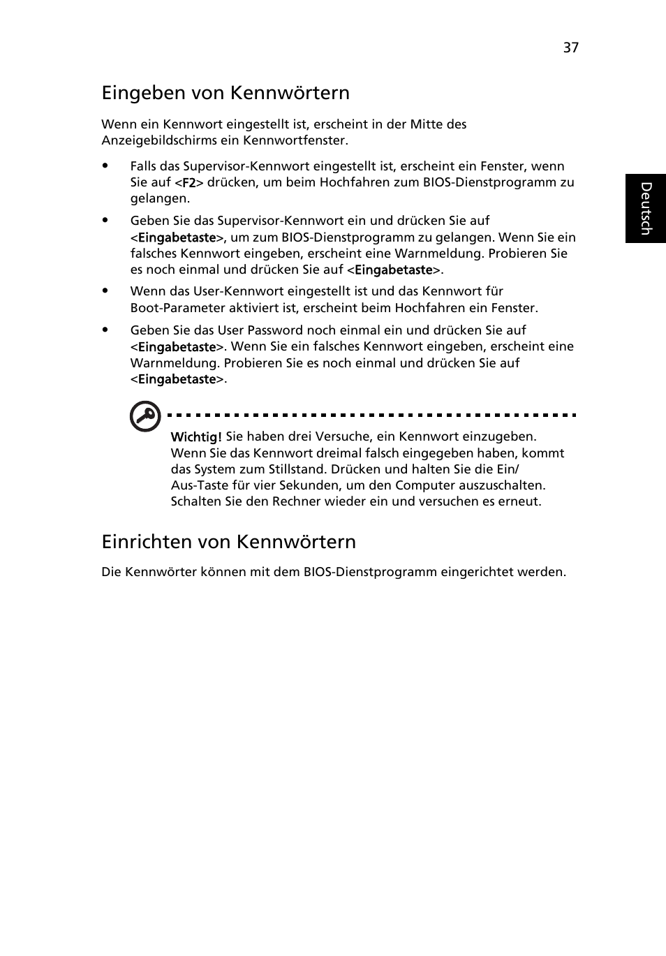 Eingeben von kennwörtern, Einrichten von kennwörtern | Acer Aspire 5733Z User Manual | Page 215 / 2348