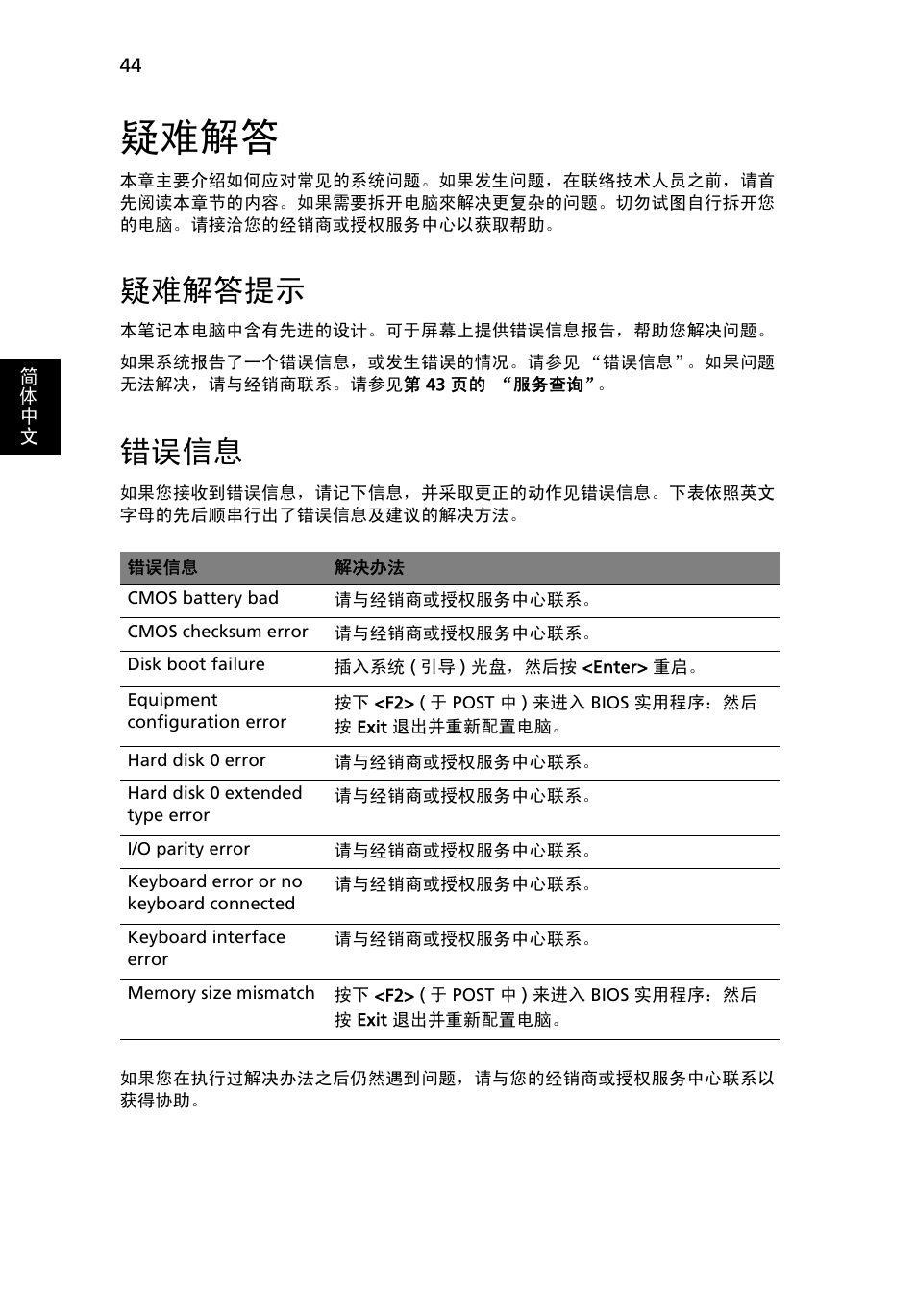 疑难解答, 疑难解答提示, 错误信息 | Acer Aspire 5733Z User Manual | Page 2188 / 2348