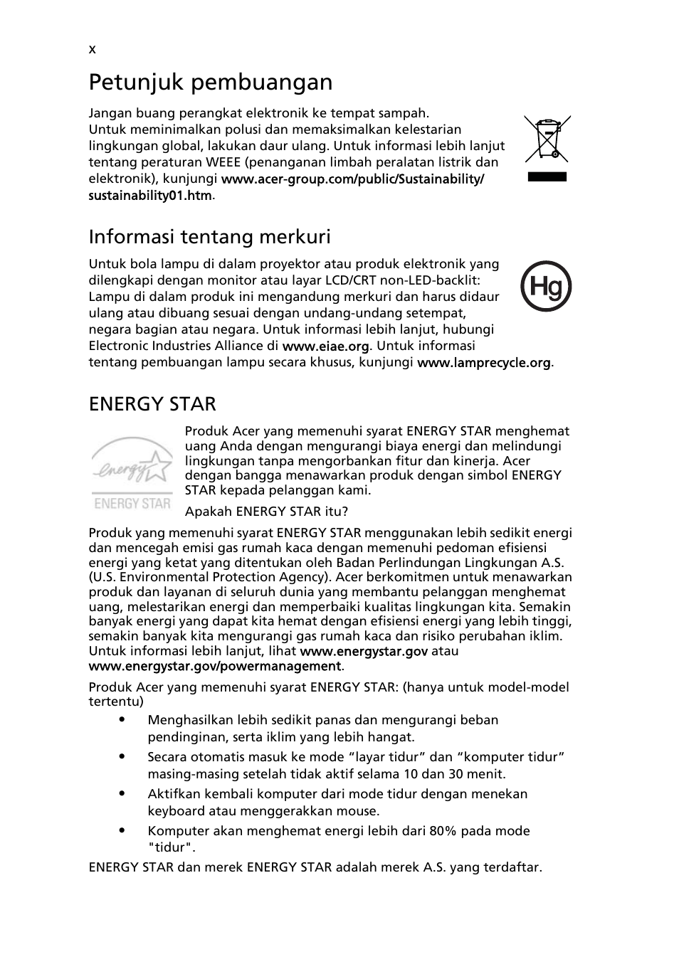 Petunjuk pembuangan, Informasi tentang merkuri, Energy star | Acer Aspire 5733Z User Manual | Page 2202 / 2348