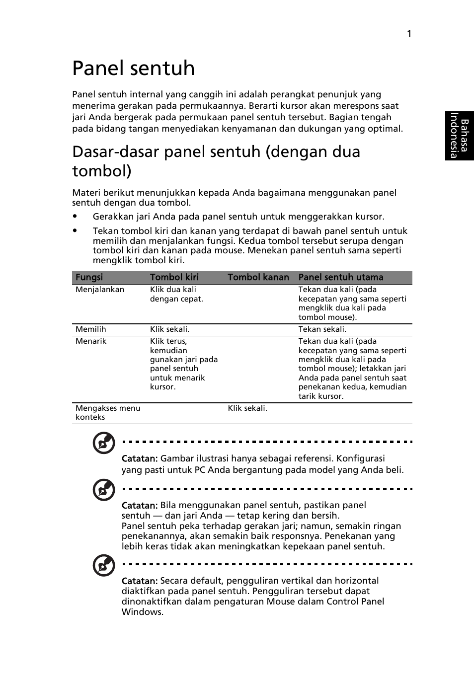 Panel sentuh, Dasar-dasar panel sentuh (dengan dua tombol) | Acer Aspire 5733Z User Manual | Page 2213 / 2348