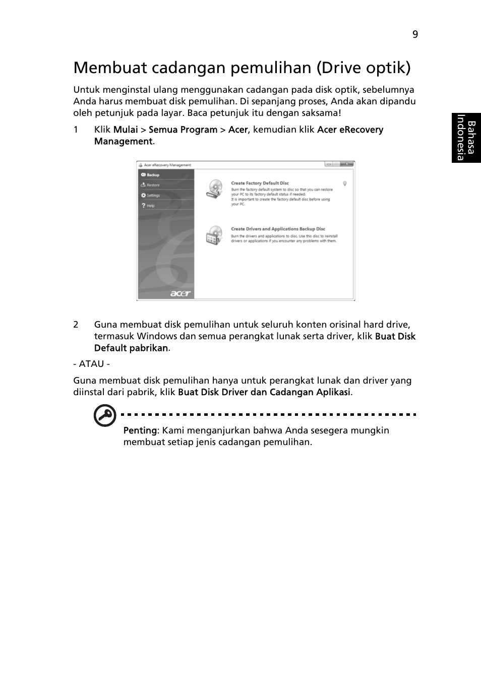 Membuat cadangan pemulihan (drive optik) | Acer Aspire 5733Z User Manual | Page 2221 / 2348