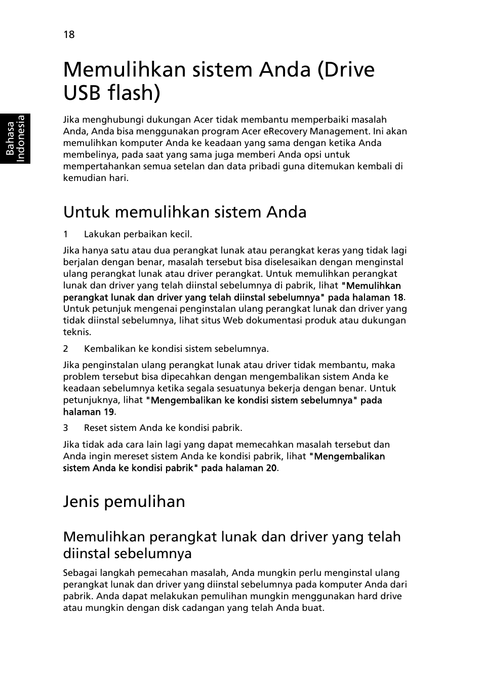 Memulihkan sistem anda (drive usb flash), Untuk memulihkan sistem anda, Jenis pemulihan | Acer Aspire 5733Z User Manual | Page 2230 / 2348