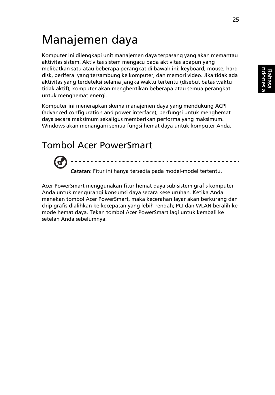 Manajemen daya, Tombol acer powersmart | Acer Aspire 5733Z User Manual | Page 2237 / 2348