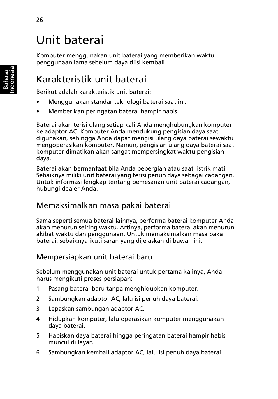 Unit baterai, Karakteristik unit baterai, Memaksimalkan masa pakai baterai | Mempersiapkan unit baterai baru | Acer Aspire 5733Z User Manual | Page 2238 / 2348