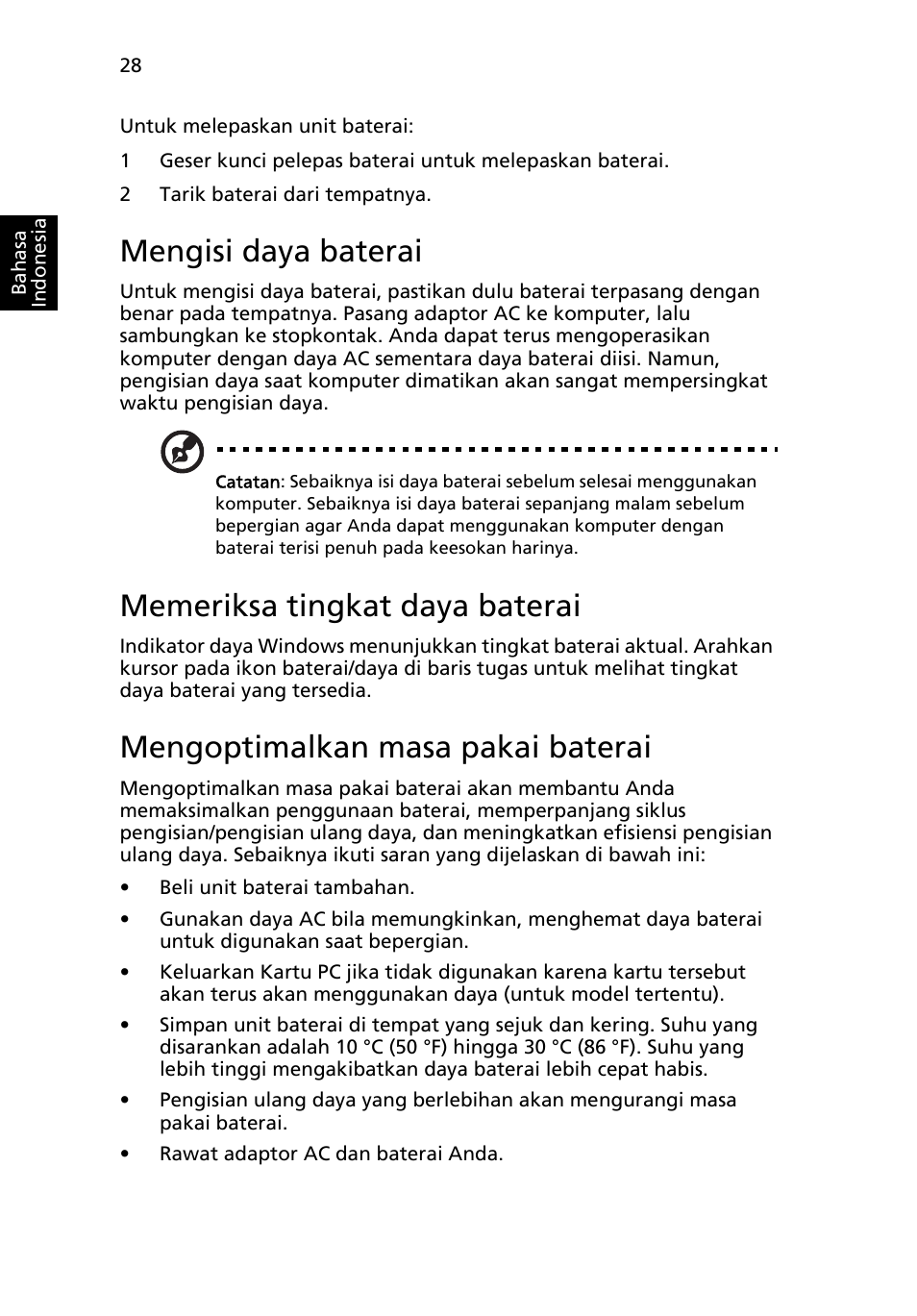 Mengisi daya baterai, Memeriksa tingkat daya baterai, Mengoptimalkan masa pakai baterai | Acer Aspire 5733Z User Manual | Page 2240 / 2348