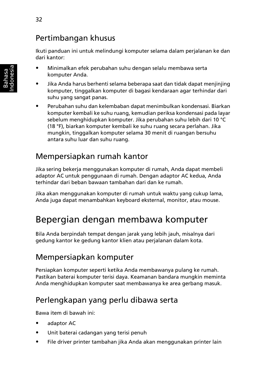 Bepergian dengan membawa komputer, Pertimbangan khusus, Mempersiapkan rumah kantor | Mempersiapkan komputer, Perlengkapan yang perlu dibawa serta | Acer Aspire 5733Z User Manual | Page 2244 / 2348