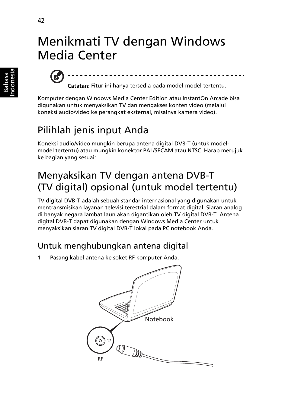 Menikmati tv dengan windows media center, Pilihlah jenis input anda, Menikmati tv dengan windows media center 42 | Untuk menghubungkan antena digital | Acer Aspire 5733Z User Manual | Page 2254 / 2348