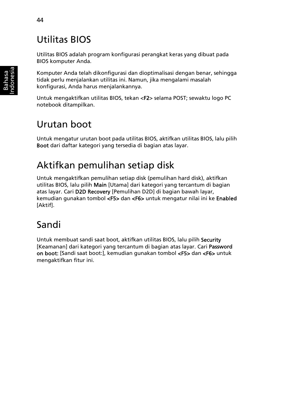 Utilitas bios, Urutan boot, Aktifkan pemulihan setiap disk | Sandi | Acer Aspire 5733Z User Manual | Page 2256 / 2348