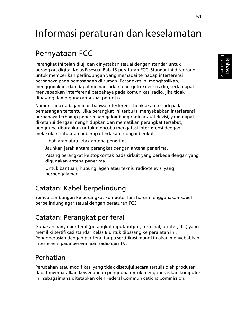 Informasi peraturan dan keselamatan, Pernyataan fcc, Catatan: kabel berpelindung | Catatan: perangkat periferal, Perhatian | Acer Aspire 5733Z User Manual | Page 2263 / 2348