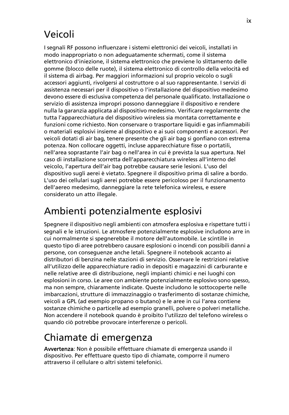 Veicoli, Ambienti potenzialmente esplosivi, Chiamate di emergenza | Acer Aspire 5733Z User Manual | Page 245 / 2348