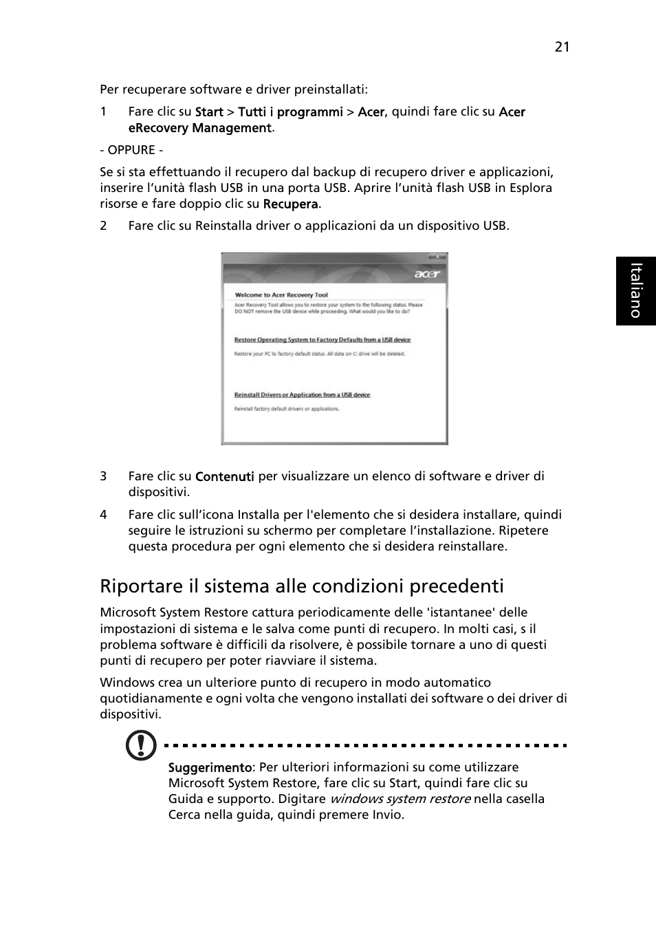 Riportare il sistema alle condizioni precedenti | Acer Aspire 5733Z User Manual | Page 277 / 2348