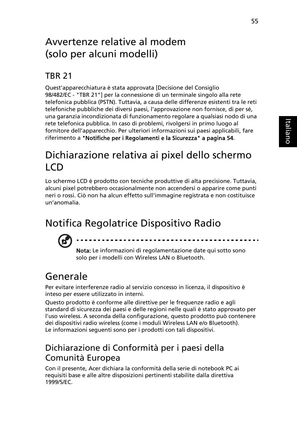 Dichiarazione relativa ai pixel dello schermo lcd, Notifica regolatrice dispositivo radio, Generale | Acer Aspire 5733Z User Manual | Page 311 / 2348