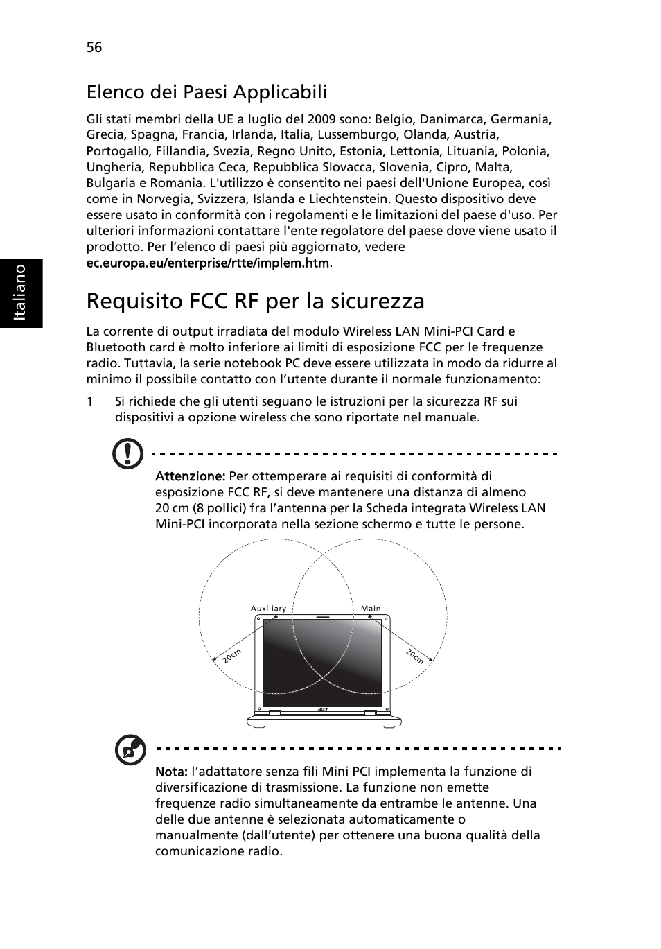 Requisito fcc rf per la sicurezza, Elenco dei paesi applicabili | Acer Aspire 5733Z User Manual | Page 312 / 2348