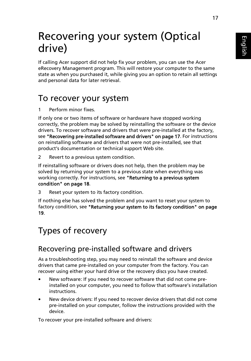 Recovering your system (optical drive), To recover your system, Types of recovery | Recovering pre-installed software and drivers | Acer Aspire 5733Z User Manual | Page 35 / 2348