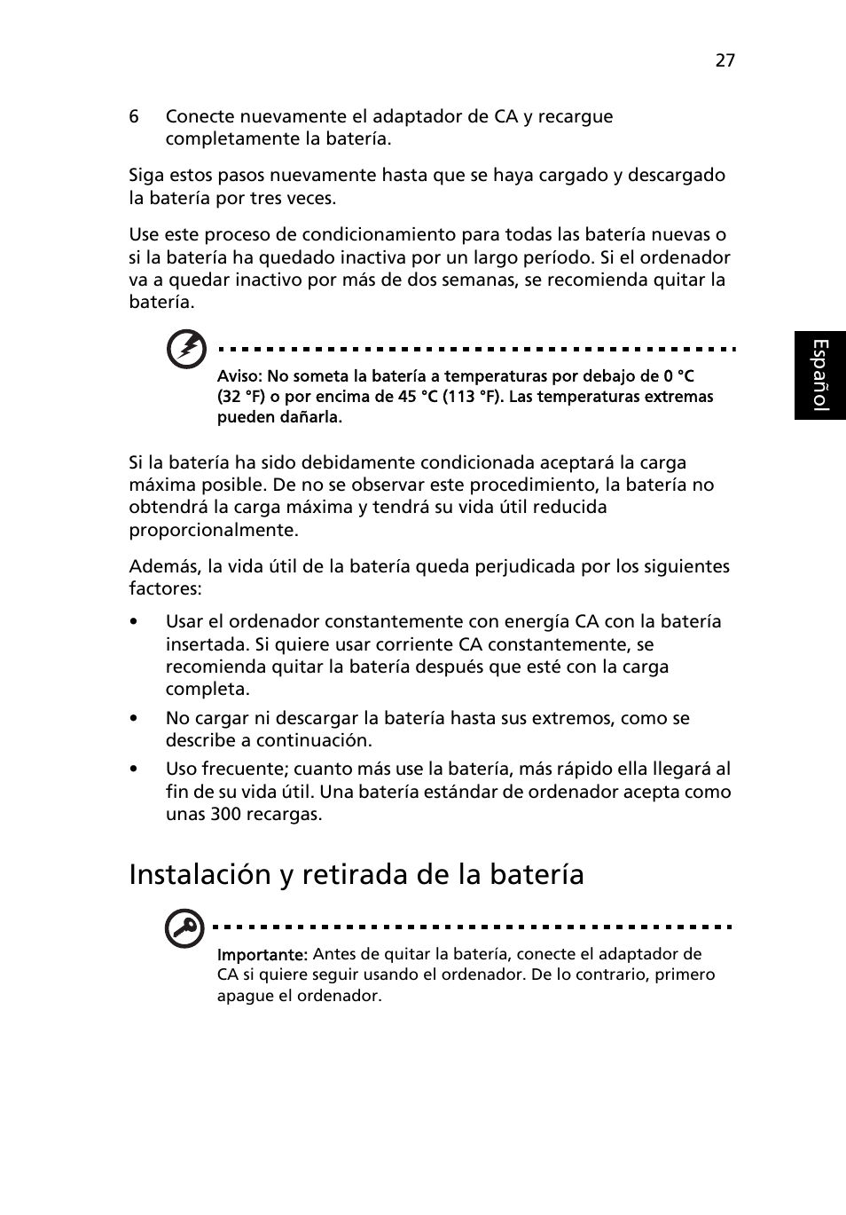 Instalación y retirada de la batería | Acer Aspire 5733Z User Manual | Page 361 / 2348