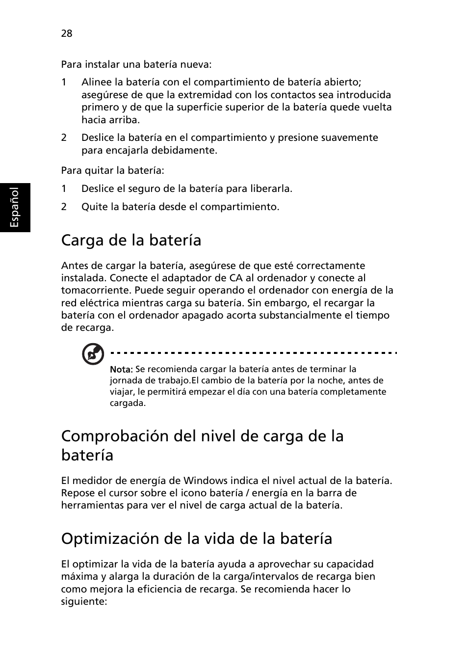 Carga de la batería, Comprobación del nivel de carga de la batería, Optimización de la vida de la batería | Acer Aspire 5733Z User Manual | Page 362 / 2348