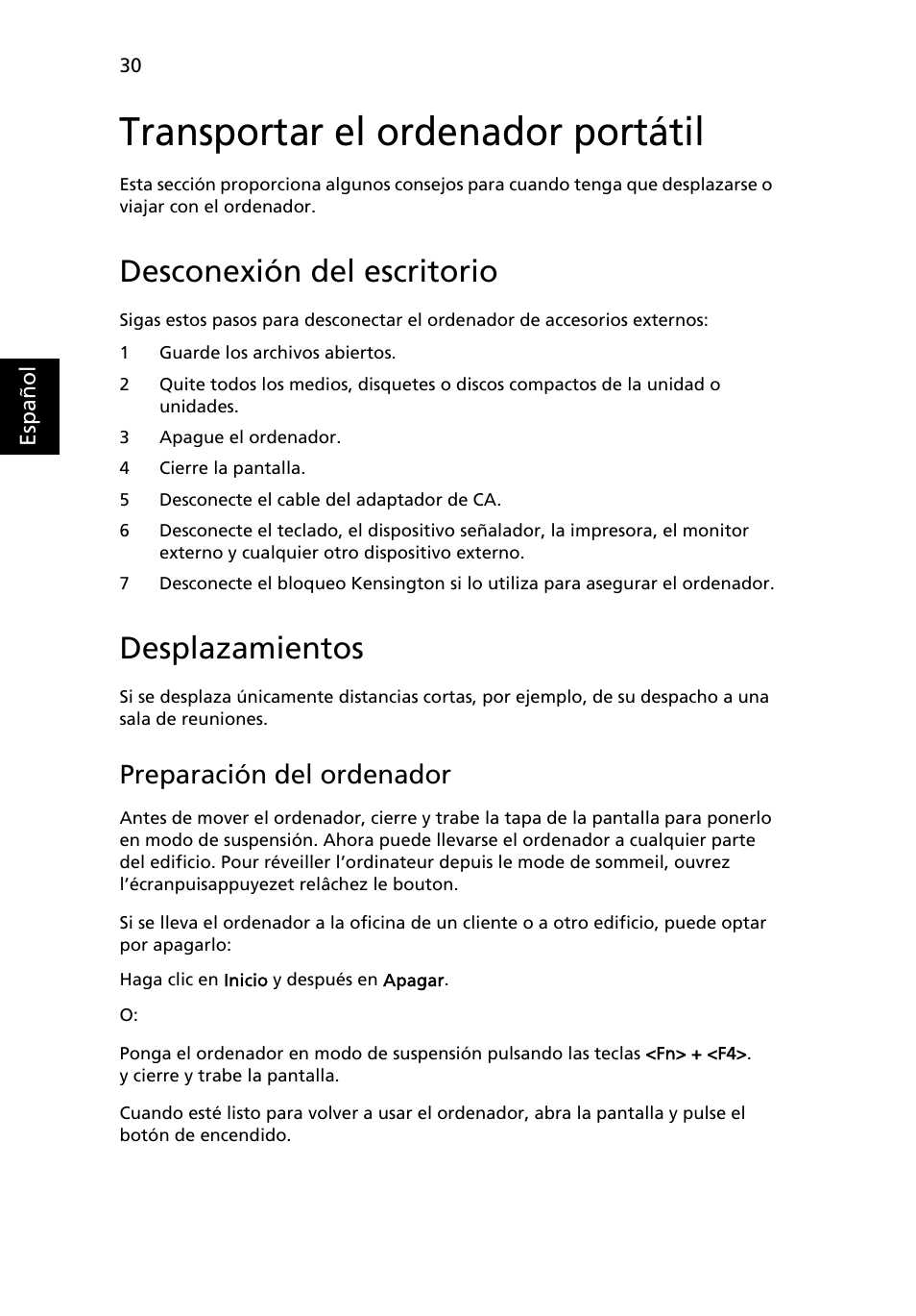 Transportar el ordenador portátil, Desconexión del escritorio, Desplazamientos | Preparación del ordenador | Acer Aspire 5733Z User Manual | Page 364 / 2348