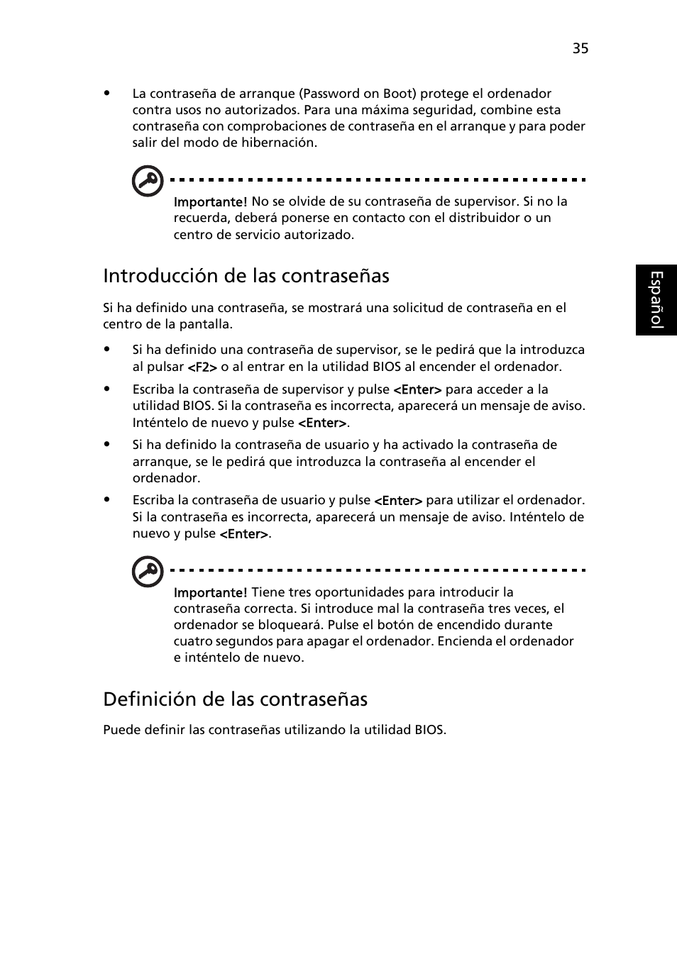 Introducción de las contraseñas, Definición de las contraseñas | Acer Aspire 5733Z User Manual | Page 369 / 2348
