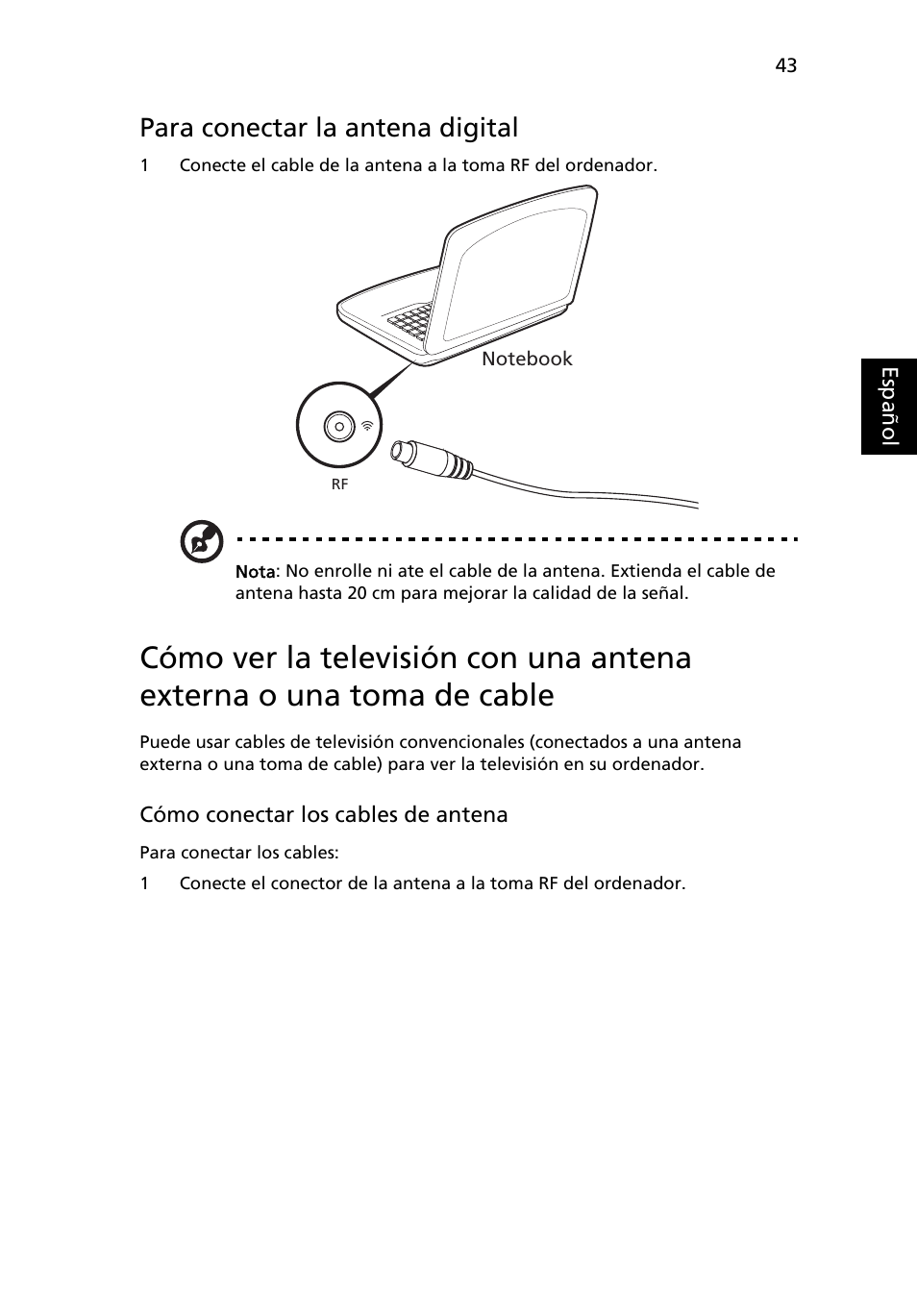 Para conectar la antena digital | Acer Aspire 5733Z User Manual | Page 377 / 2348