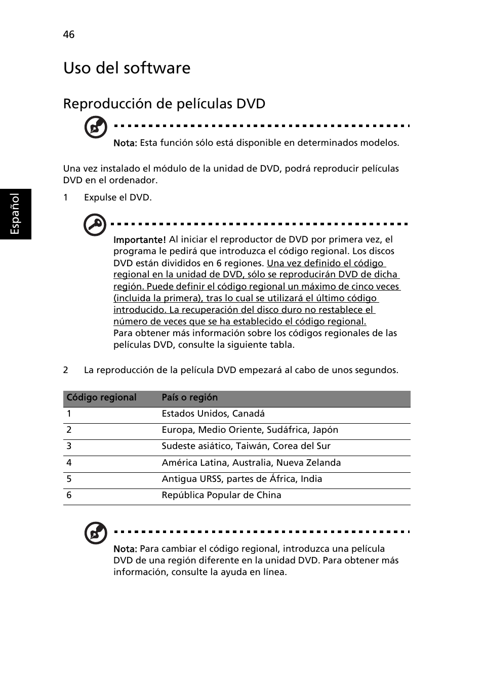 Uso del software, Reproducción de películas dvd | Acer Aspire 5733Z User Manual | Page 380 / 2348