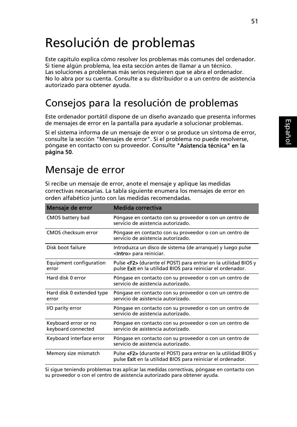 Resolución de problemas, Consejos para la resolución de problemas, Mensaje de error | Eng lish es paño l | Acer Aspire 5733Z User Manual | Page 385 / 2348