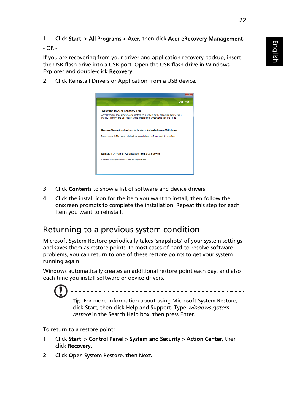 Returning to a previous system condition | Acer Aspire 5733Z User Manual | Page 40 / 2348