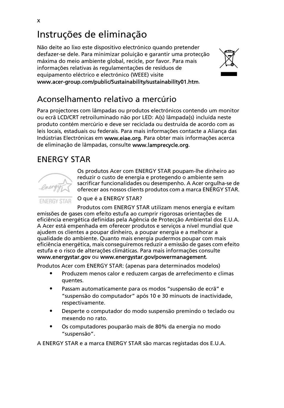 Instruções de eliminação, Aconselhamento relativo a mercúrio, Energy star | Acer Aspire 5733Z User Manual | Page 400 / 2348