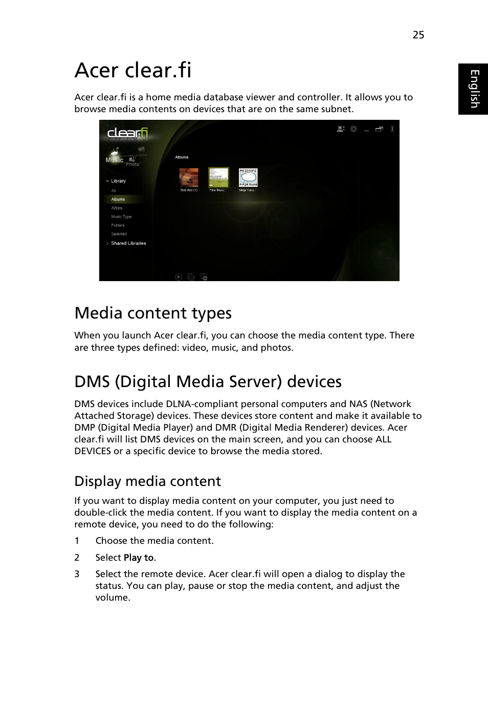 Acer clear.fi, Media content types, Dms (digital media server) devices | Display media content | Acer Aspire 5733Z User Manual | Page 43 / 2348