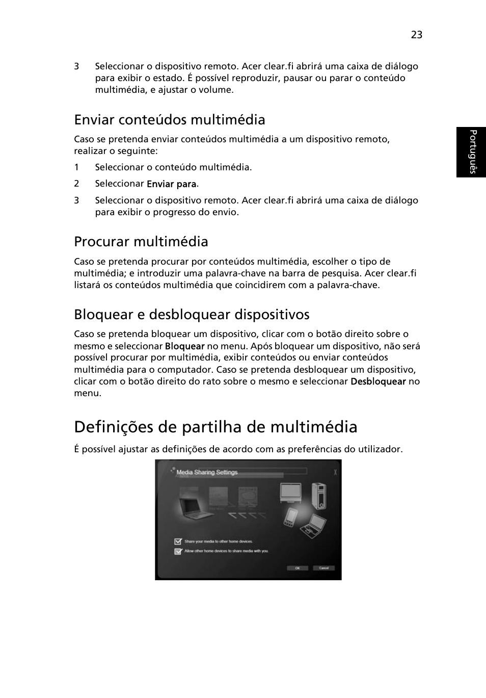 Definições de partilha de multimédia, Enviar conteúdos multimédia, Procurar multimédia | Bloquear e desbloquear dispositivos | Acer Aspire 5733Z User Manual | Page 433 / 2348