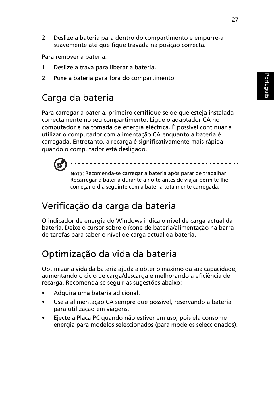 Carga da bateria, Verificação da carga da bateria, Optimização da vida da bateria | Acer Aspire 5733Z User Manual | Page 437 / 2348