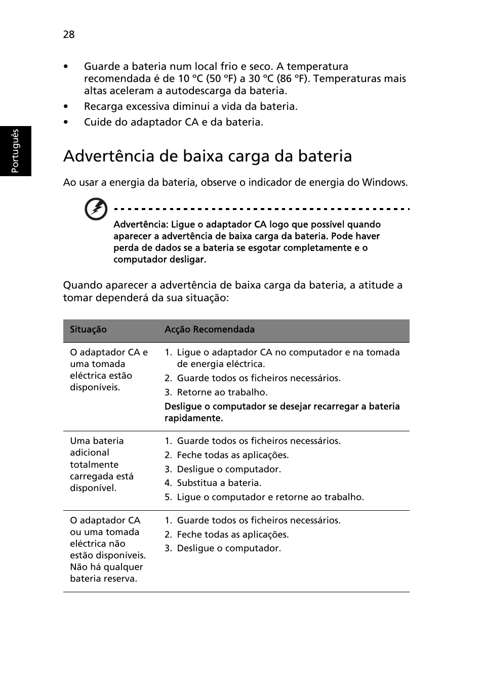 Advertência de baixa carga da bateria | Acer Aspire 5733Z User Manual | Page 438 / 2348
