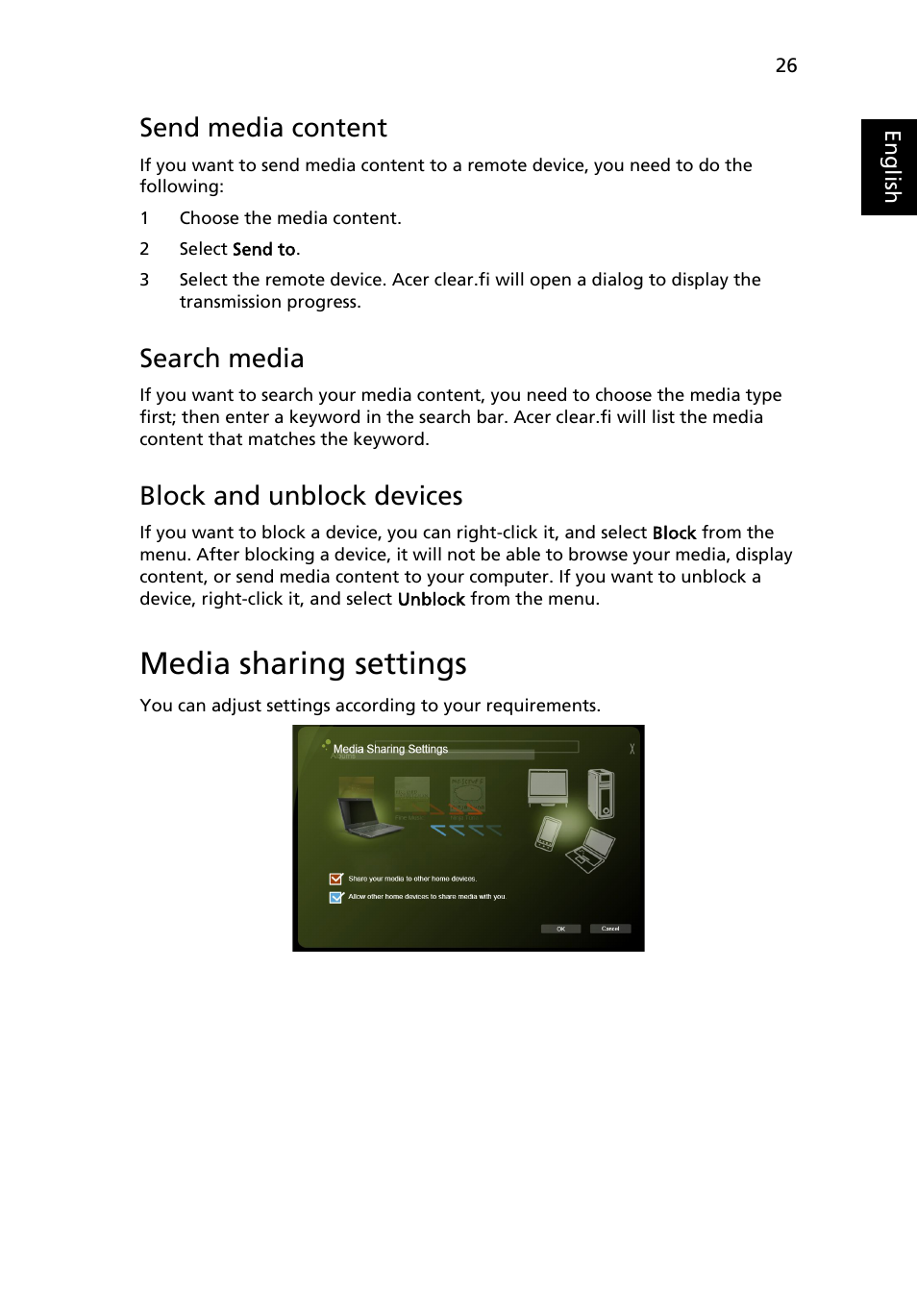 Media sharing settings, Send media content, Search media | Block and unblock devices | Acer Aspire 5733Z User Manual | Page 44 / 2348