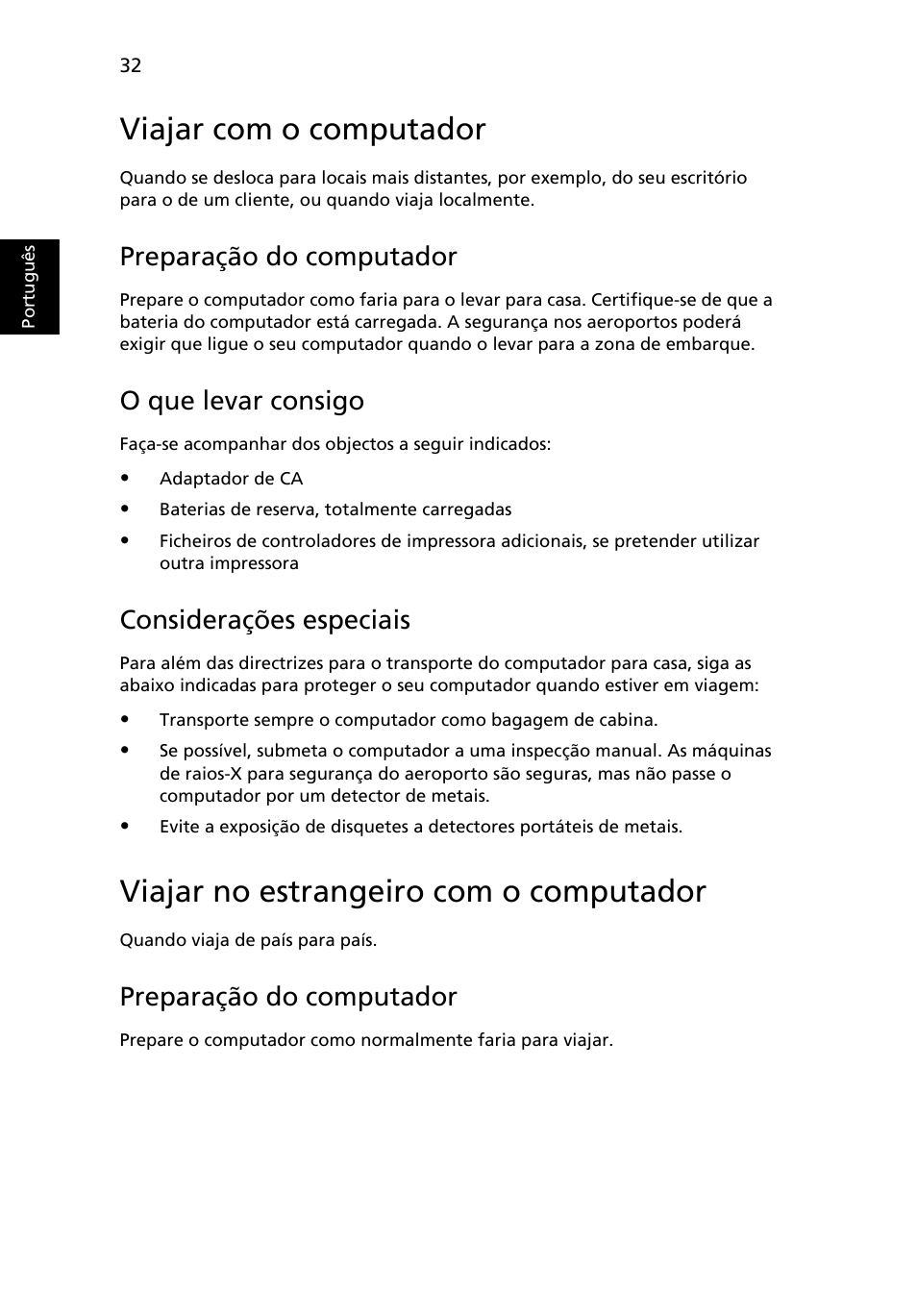 Viajar com o computador, Viajar no estrangeiro com o computador, Preparação do computador | O que levar consigo, Considerações especiais | Acer Aspire 5733Z User Manual | Page 442 / 2348