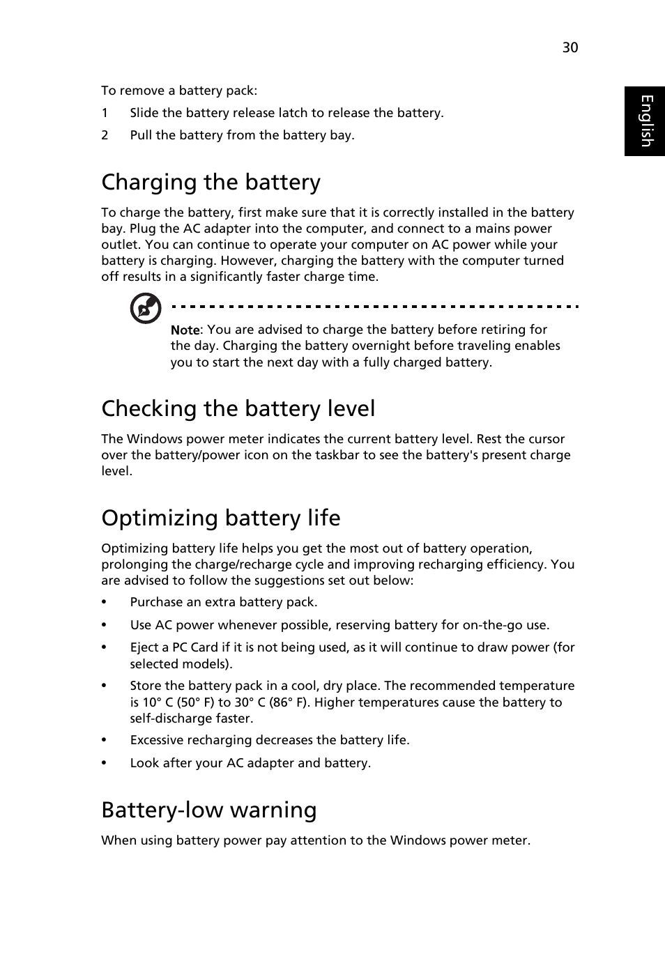 Charging the battery, Checking the battery level, Optimizing battery life | Battery-low warning | Acer Aspire 5733Z User Manual | Page 48 / 2348