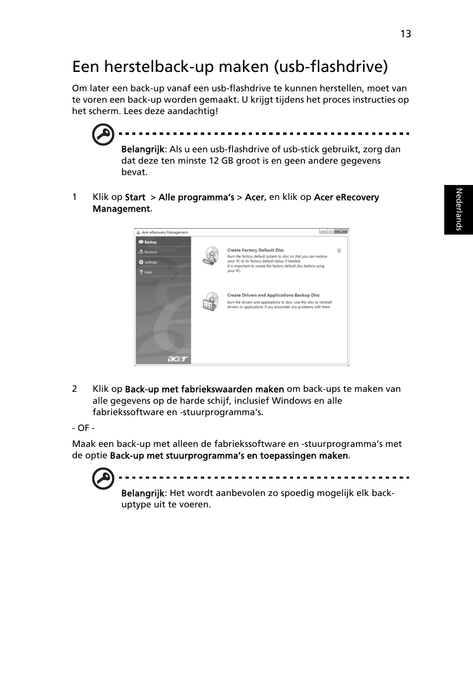 Een herstelback-up maken (usb-flashdrive) | Acer Aspire 5733Z User Manual | Page 499 / 2348