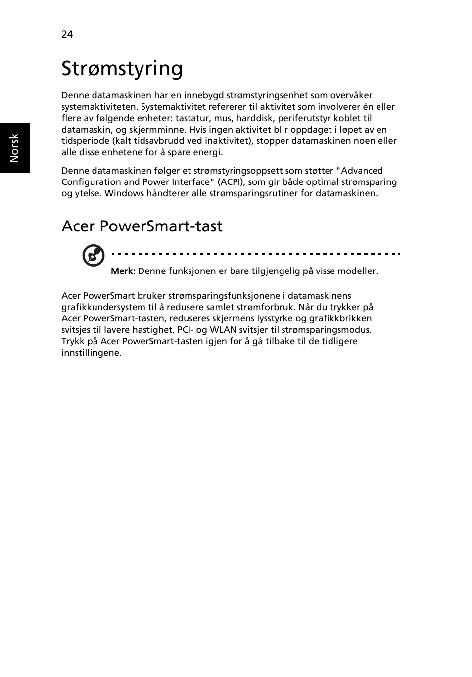 Strømstyring, Acer powersmart-tast | Acer Aspire 5733Z User Manual | Page 586 / 2348