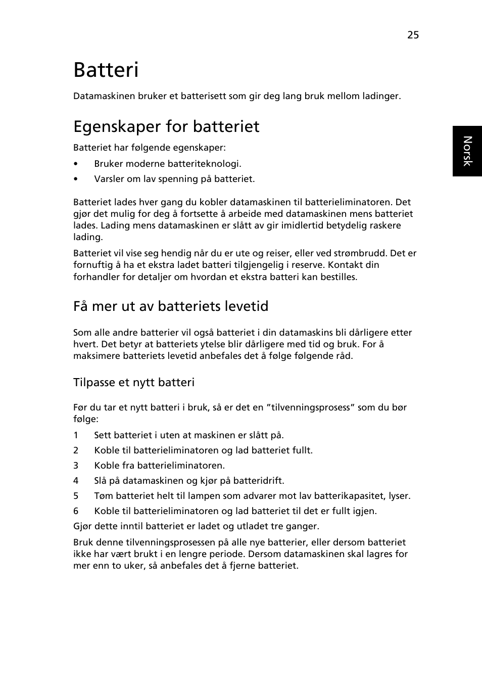 Batteri, Egenskaper for batteriet, Få mer ut av batteriets levetid | Acer Aspire 5733Z User Manual | Page 587 / 2348