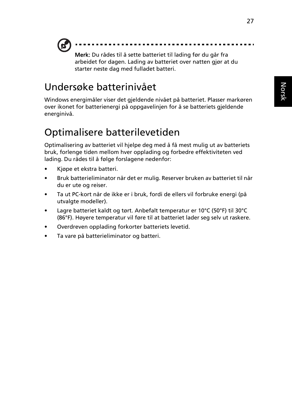 Undersøke batterinivået, Optimalisere batterilevetiden | Acer Aspire 5733Z User Manual | Page 589 / 2348