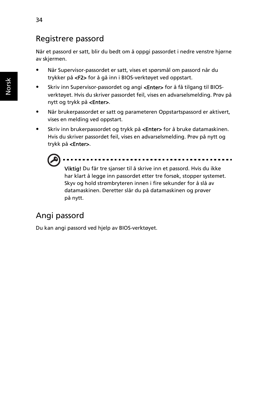 Registrere passord, Angi passord | Acer Aspire 5733Z User Manual | Page 596 / 2348