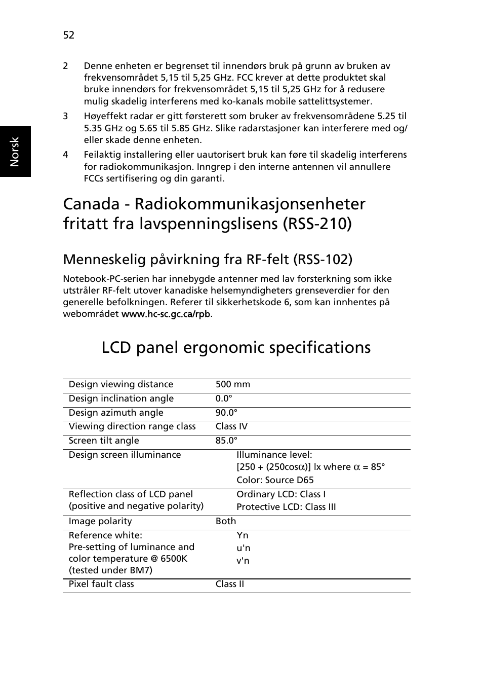 Lcd panel ergonomic specifications, Menneskelig påvirkning fra rf-felt (rss-102) | Acer Aspire 5733Z User Manual | Page 614 / 2348