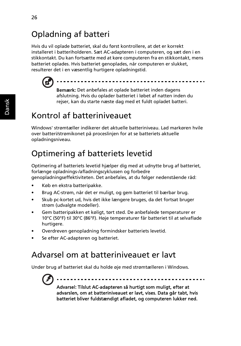 Opladning af batteri, Kontrol af batteriniveauet, Optimering af batteriets levetid | Advarsel om at batteriniveauet er lavt | Acer Aspire 5733Z User Manual | Page 660 / 2348