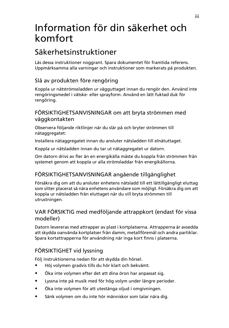 Information för din säkerhet och komfort, Säkerhetsinstruktioner | Acer Aspire 5733Z User Manual | Page 691 / 2348