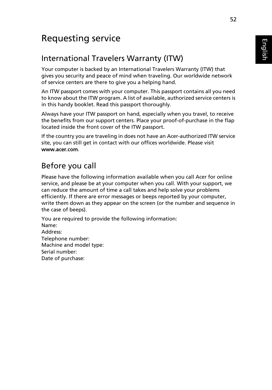 Requesting service, International travelers warranty (itw), Before you call | Acer Aspire 5733Z User Manual | Page 70 / 2348