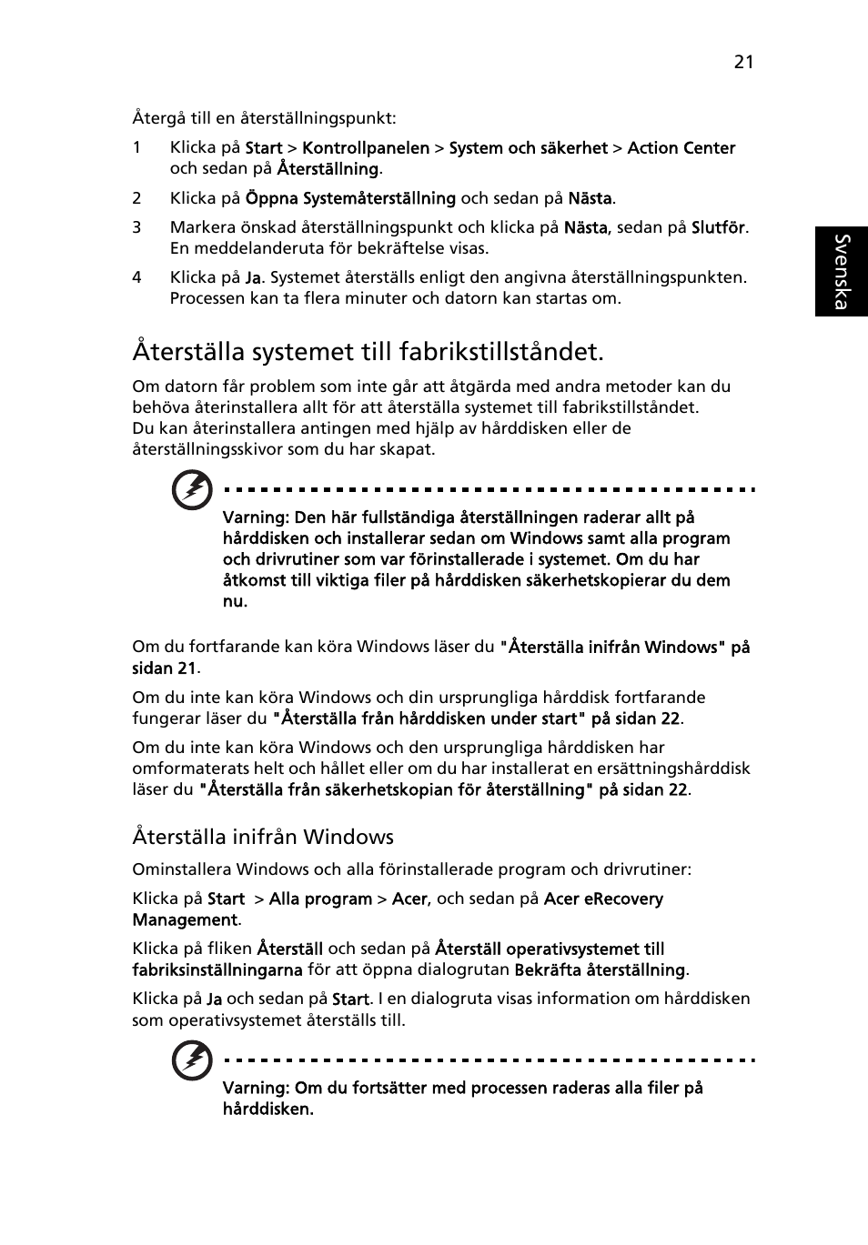 Återställa systemet till fabrikstillståndet | Acer Aspire 5733Z User Manual | Page 729 / 2348