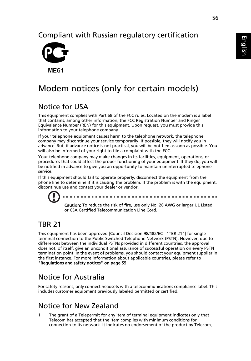 Modem notices (only for certain models), Compliant with russian regulatory certification, Notice for usa | Tbr 21, Notice for australia, Notice for new zealand, Eng lis h | Acer Aspire 5733Z User Manual | Page 74 / 2348