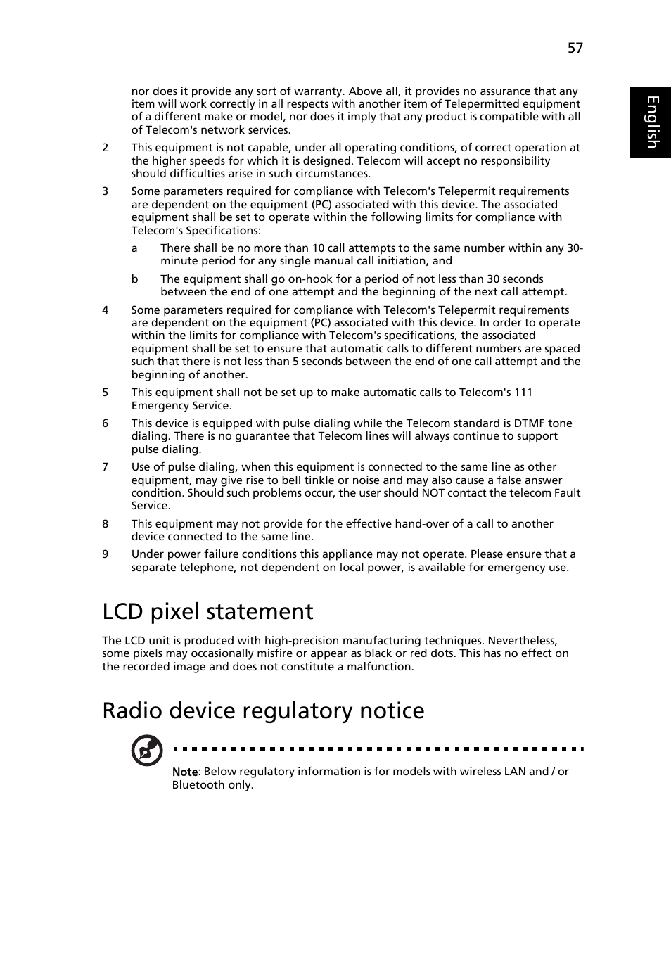 Lcd pixel statement, Radio device regulatory notice, Eng lis h | Acer Aspire 5733Z User Manual | Page 75 / 2348