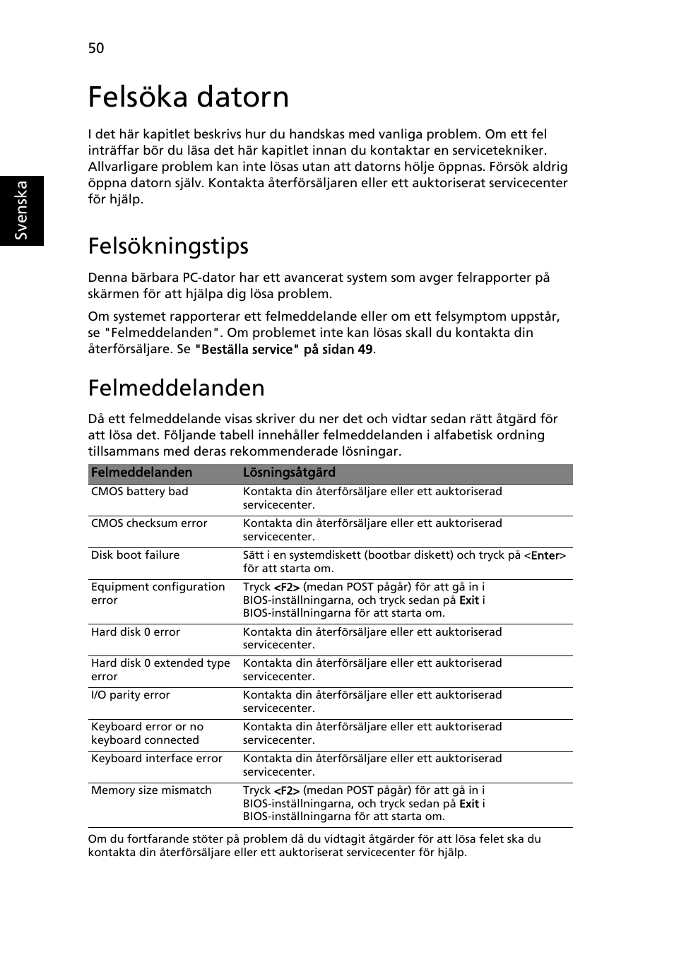 Felsöka datorn, Felsökningstips, Felmeddelanden | Sv enska | Acer Aspire 5733Z User Manual | Page 758 / 2348