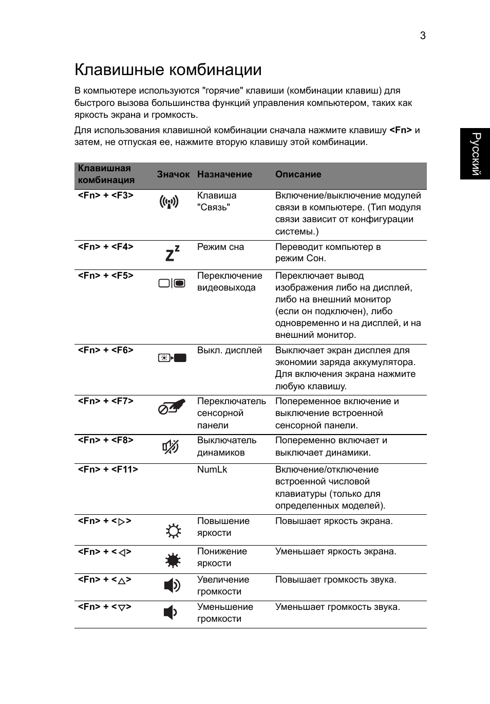 Клавишные комбинации, Ру сский | Acer Aspire 5733Z User Manual | Page 863 / 2348